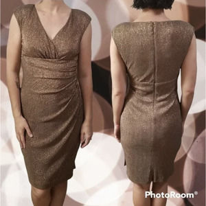 Ralph Lauren Bronze Gold Ruched Mother of Bride/Groom Midi Dress size 8